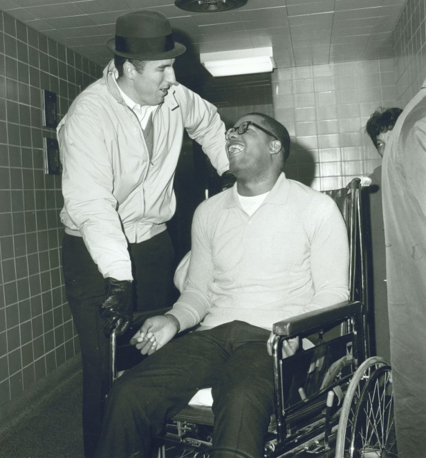 Jack Twyman (left) and Maurice Stokes. “I benefited much more from being associated with Maurice than Maurice benefited by being associated with me,” said Jack Twyman, who worked tirelessly for more than a decade to raise money for his friend and former teammate’s medical bills (Saint Francis University’s Maurice Stokes Collection).