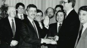 David Stern become NBA commissioner in February 1984, and Terry Lyons (second from left) attends the ceremony.